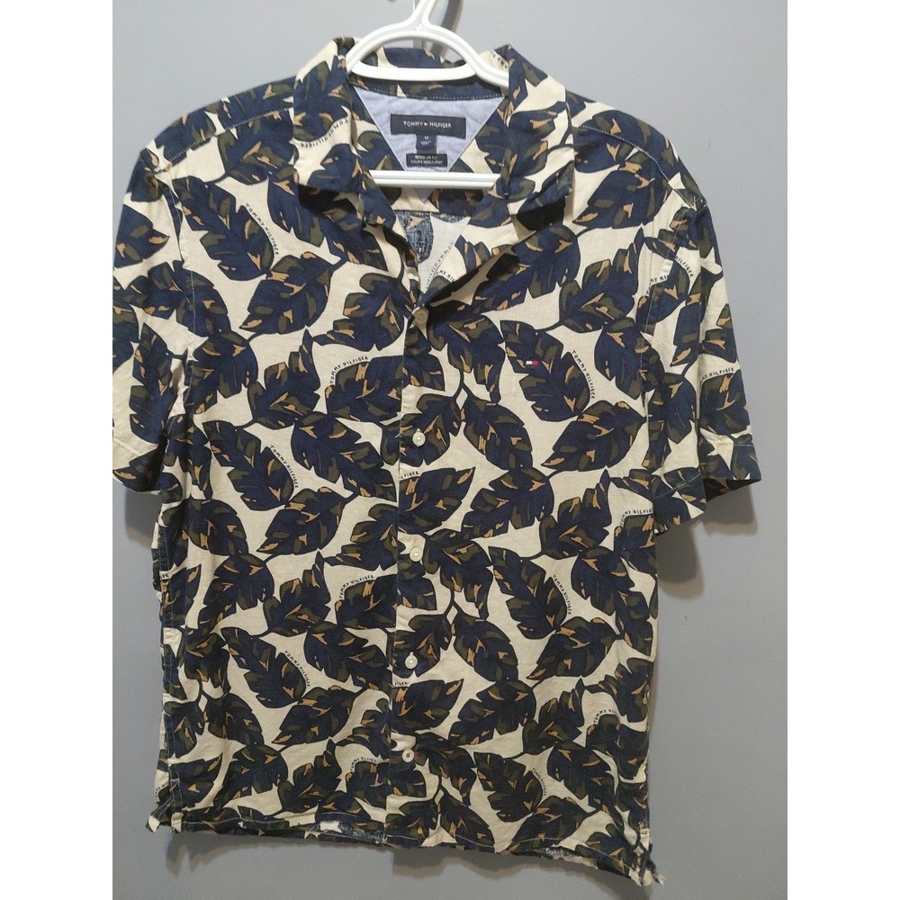Tommy Hilfiger Camp Collar Shirt Mens Med Linen Blend Hawaiian Leaves Floral